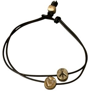 Handmade bohemian-style adjustable cord bracelet pewter heart & peace sign motif
